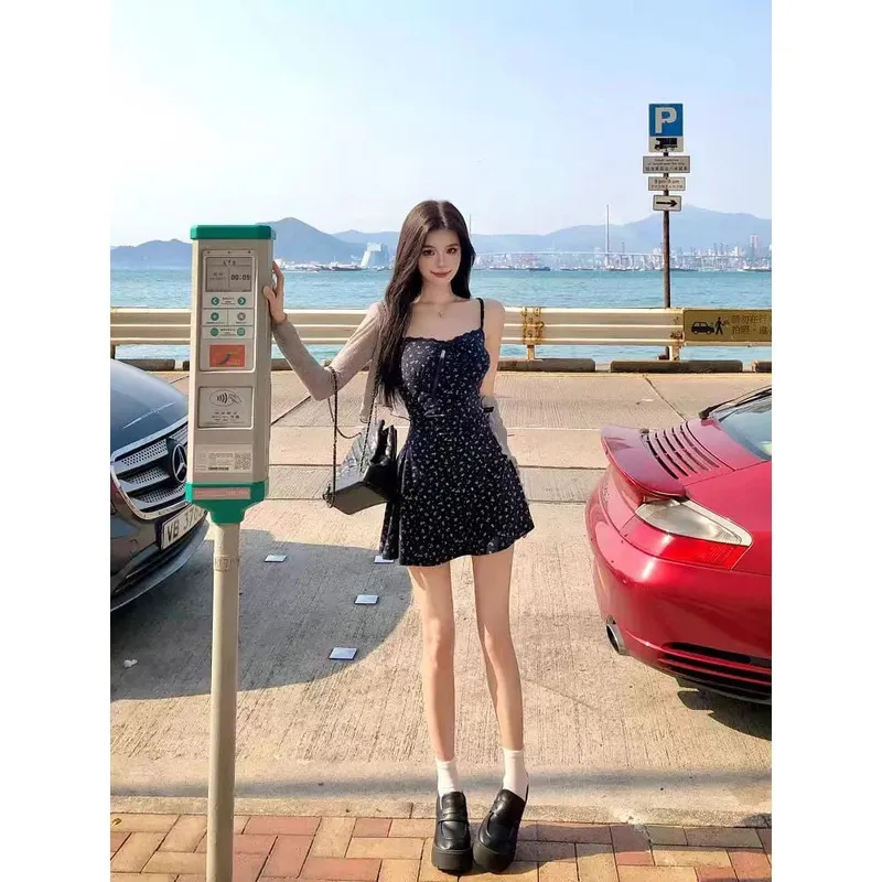 Blue Floral Print Halter Dress Women's Early Spring 2026 New Small Size Elegant Short Skirt Wrap around Skirt Three Quarter S... — image 3