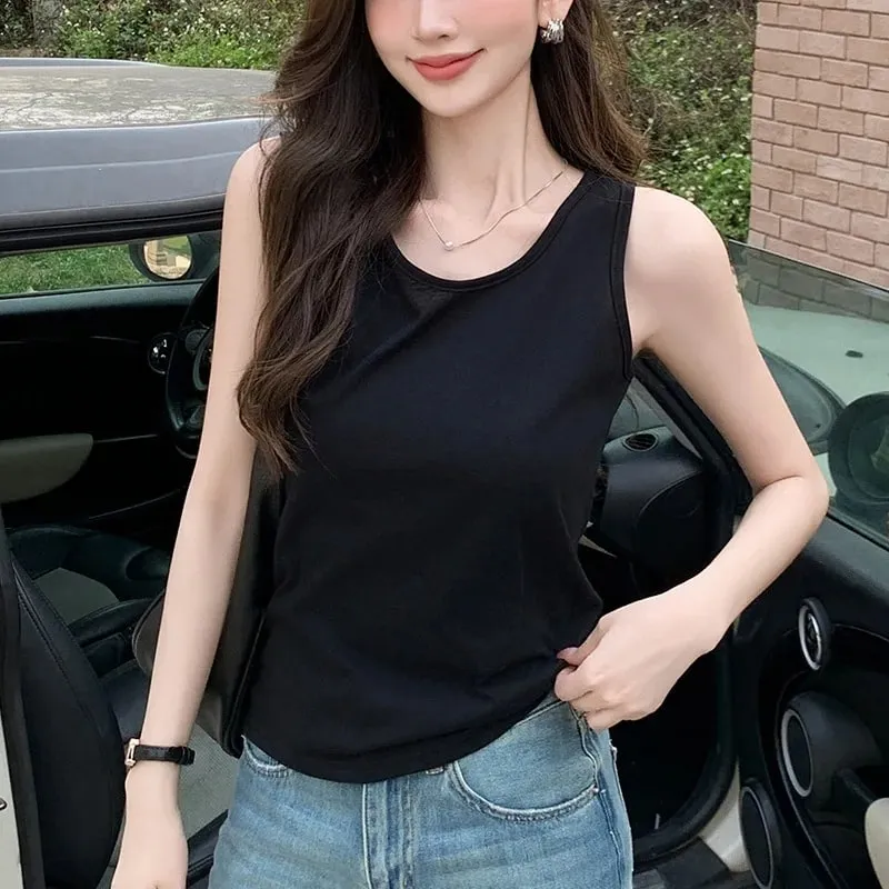 Women Cotton Tank Top Summer Outerwear Loose-Fitting Fitted Layering Round Neck Sleeveless Lightweight Breathable Simple Casual
