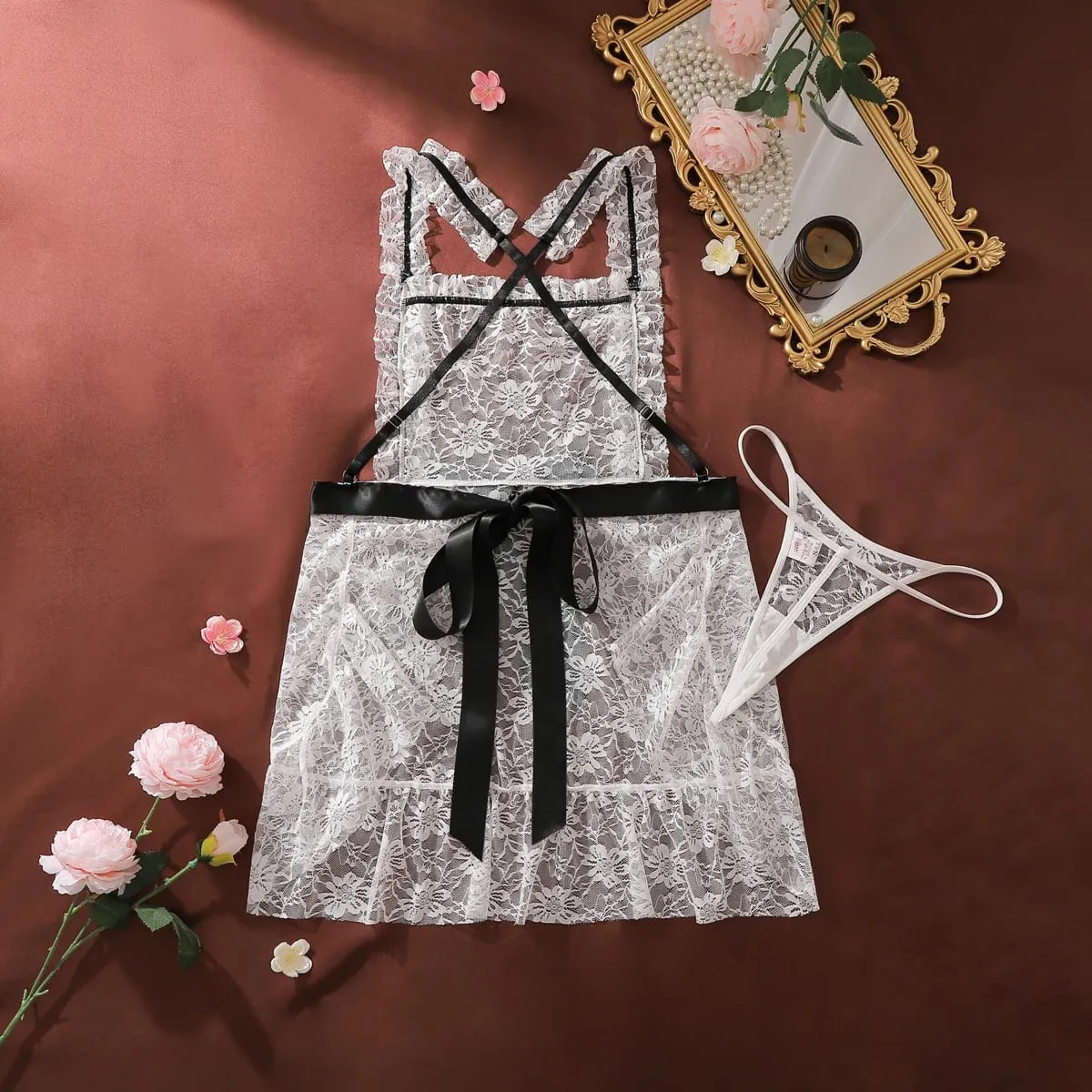 French Fashion Contrasting Heavy Industry Floral Perspective Lace Square Collar Hollowed out Backless Shapewear Suspender Maid C