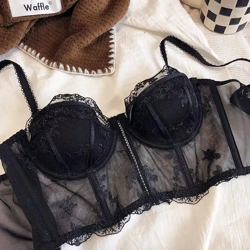 Vintage French Half Cup Embroidery Lace Longline Corset Bra Set Sexy Push‑Up Bust Support Shaping Lingerie 2Pcs Underwear Suit — image 1