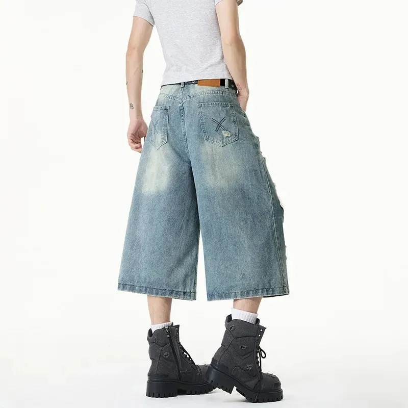 Summer Trendy Men Jeans Ripped Loose Casual Man Pants Artistic Design Cropped Long Denim Trousers