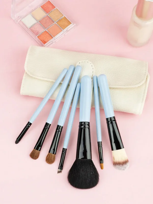 7 Pcs Pink Makeup Brush Set With Leather Case Foundation Blush Eyeshadow Brushes Portable Cosmetic Make‑up Tools Kit