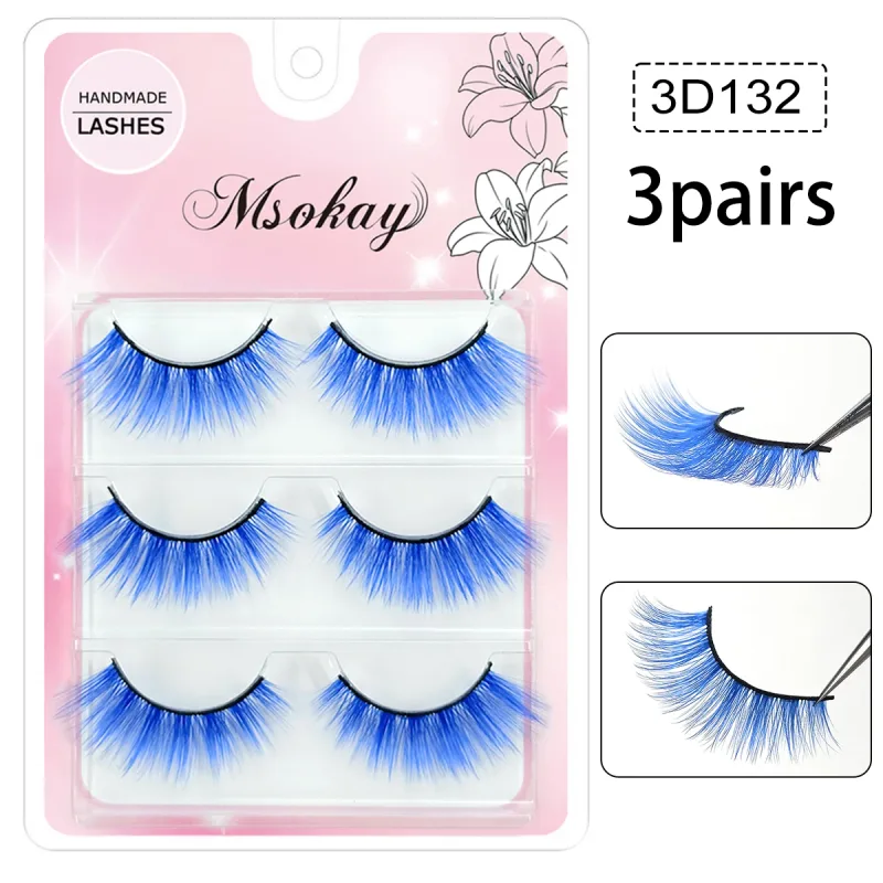 3 Pairs Rainbow Colored Eyelashes Brown Cosplay False Eyelashes Blonde Makeup Eye Lashes Colorful Blue Halloween Vegan Cilias