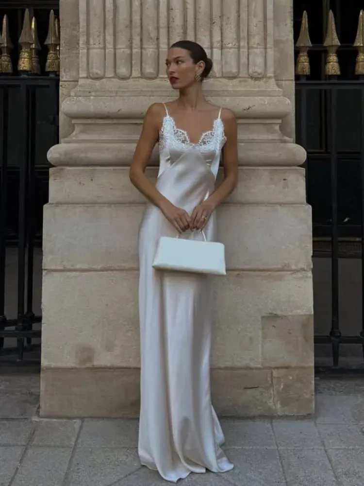 Sexy Women V-neck Satin Sling Maxi Dress Chic White Lace Patchwork Sleeveless Backless Slim Long Gown Chic Evening Party Dresses — image 5