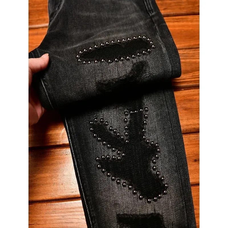 Street Designer Fashion Men Jeans High Quality Retro Black Stretch Slim Fit Hole Ripped Jeans Men Hip Hop Vintage Denim Pants — image 4