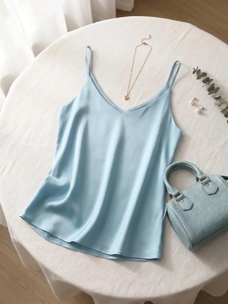 zjaiss Halter V Neck Basic White Cami 2026 Summer Spaghetti Strap Women Tank Top Sleeveless Satin Silk Tops Women'S Camisole