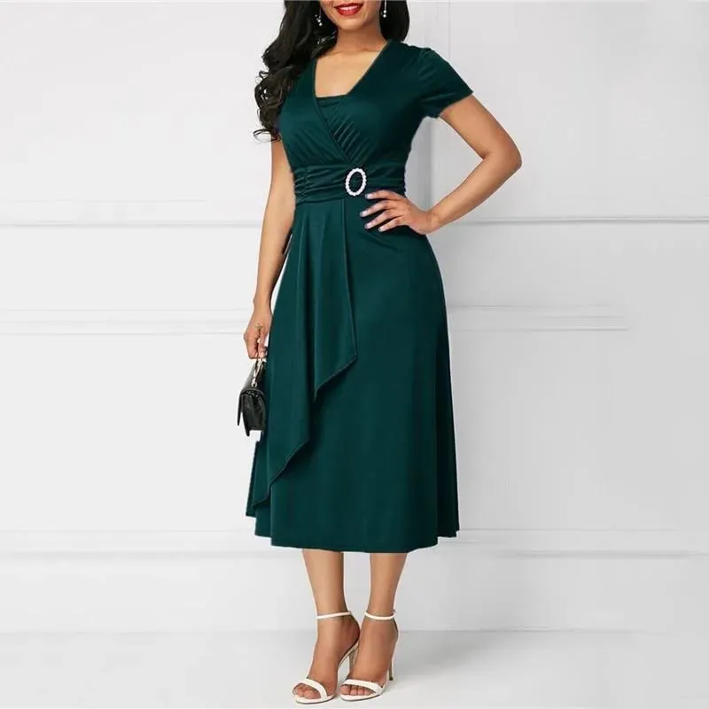 We.Fine Dress Women Solid Color Short Sleeve V Neck Asymmetric Hem Waist Midi Party Dress Elastic Female Dresses Woman Vestidos — image 4