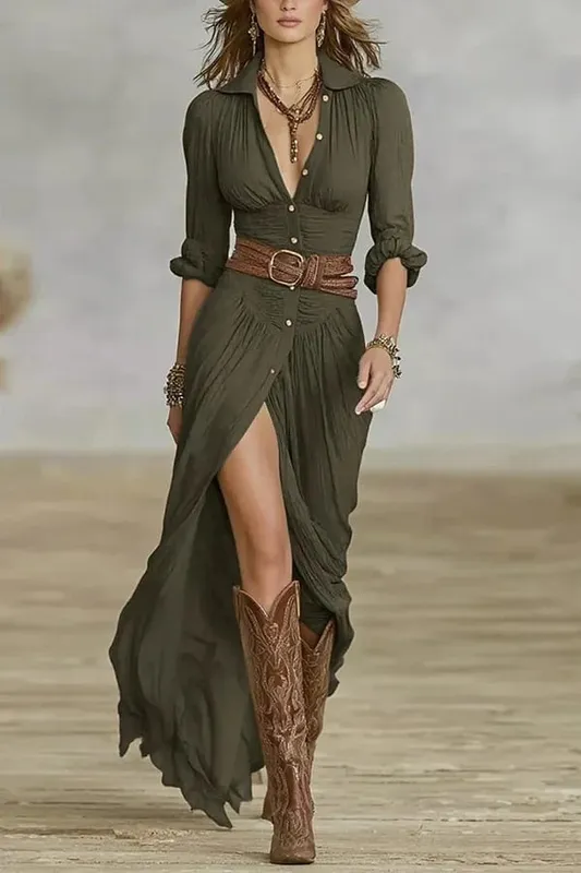 Sexy Fashion Women's Dress New French Retro V-neck Waist Pleated Loose Slit Temperament Long Sleeve Dresses For Women Robe Femal