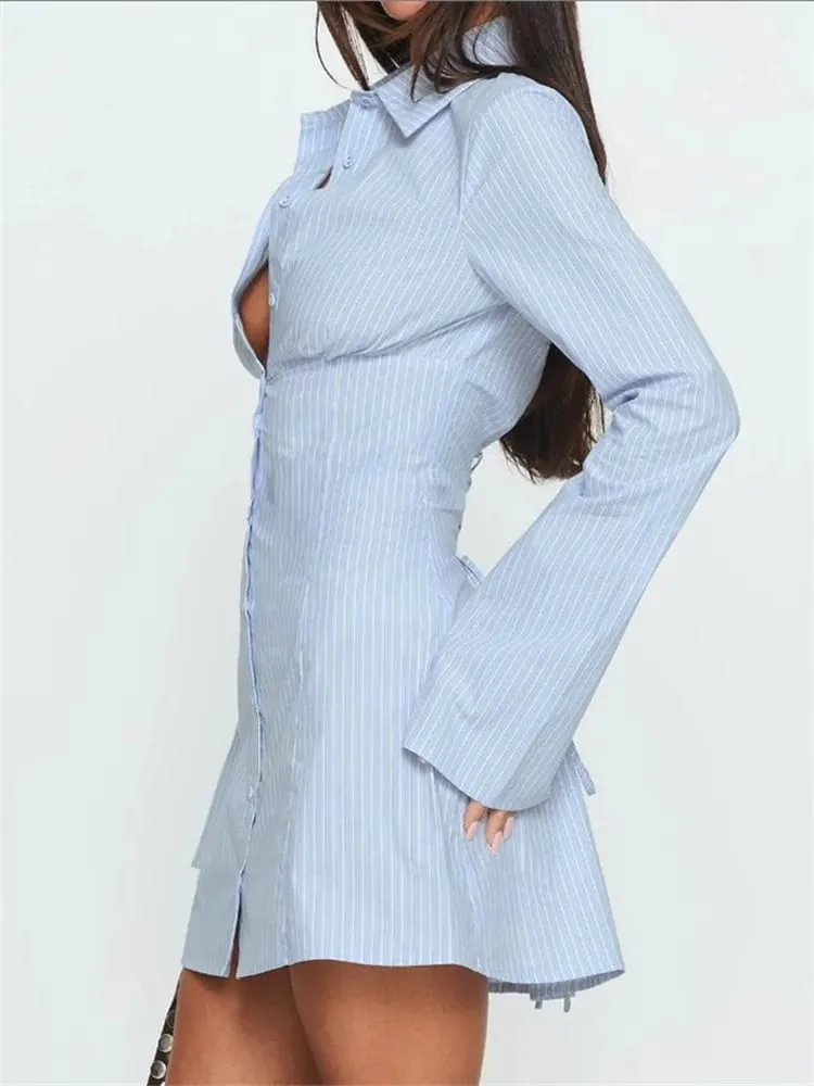 Summer Women's Y2K Shirt Dress Slimming Waist Short Skirt Mini Dress High Waistline Flirty Style Full Sleeve Regular Collar — image 4