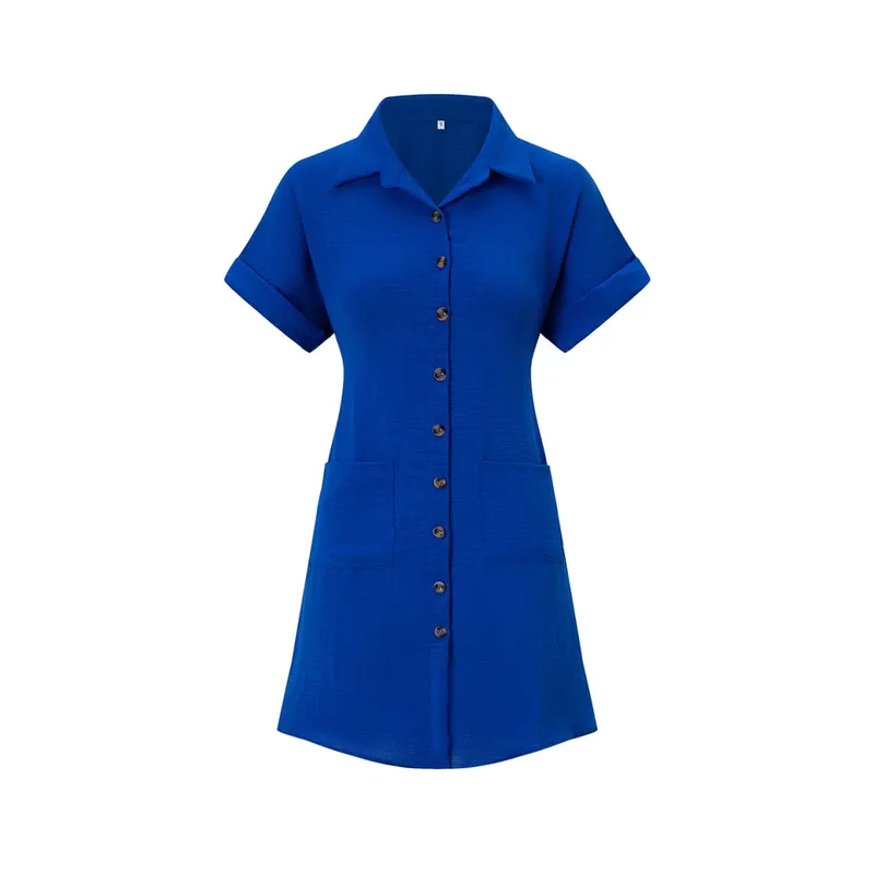 2026 European and American Cross Border Leisure Solid Color Cotton Hemp Buckle Long Short Sleeve Loose Shirt Dress Women's Wear — image 15