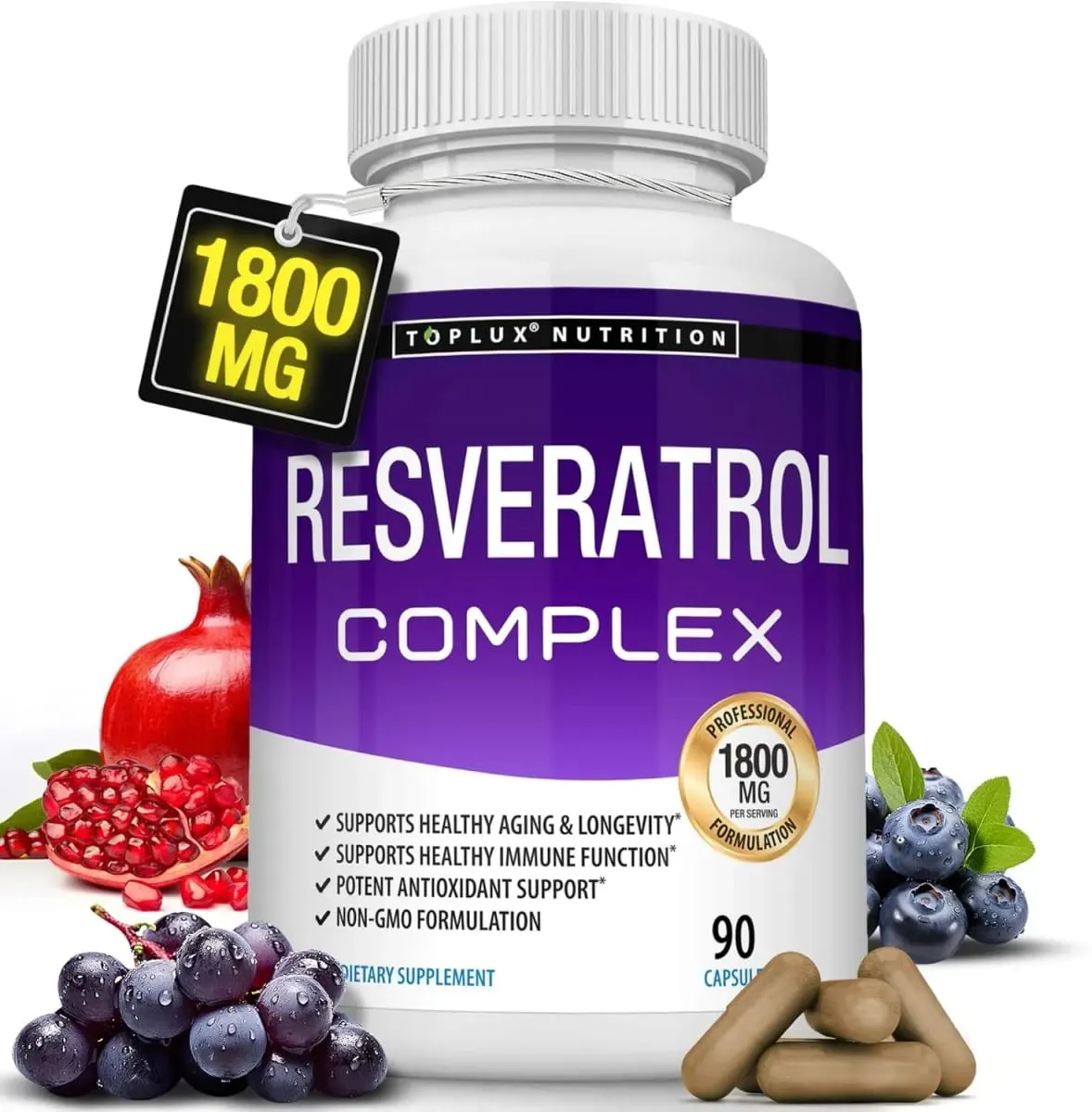 Resveratrol Complex Supplement 1800mg Antioxidant Pills for Healthy Aging Overall Health Immune System Brain Function 90 Caps