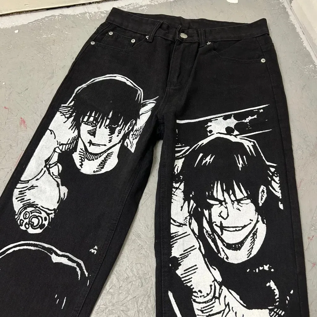 Harajuku anime characters printing jean new wide leg denim pants y2k mens jeans streetwear style couples trouser black jeans — image 3
