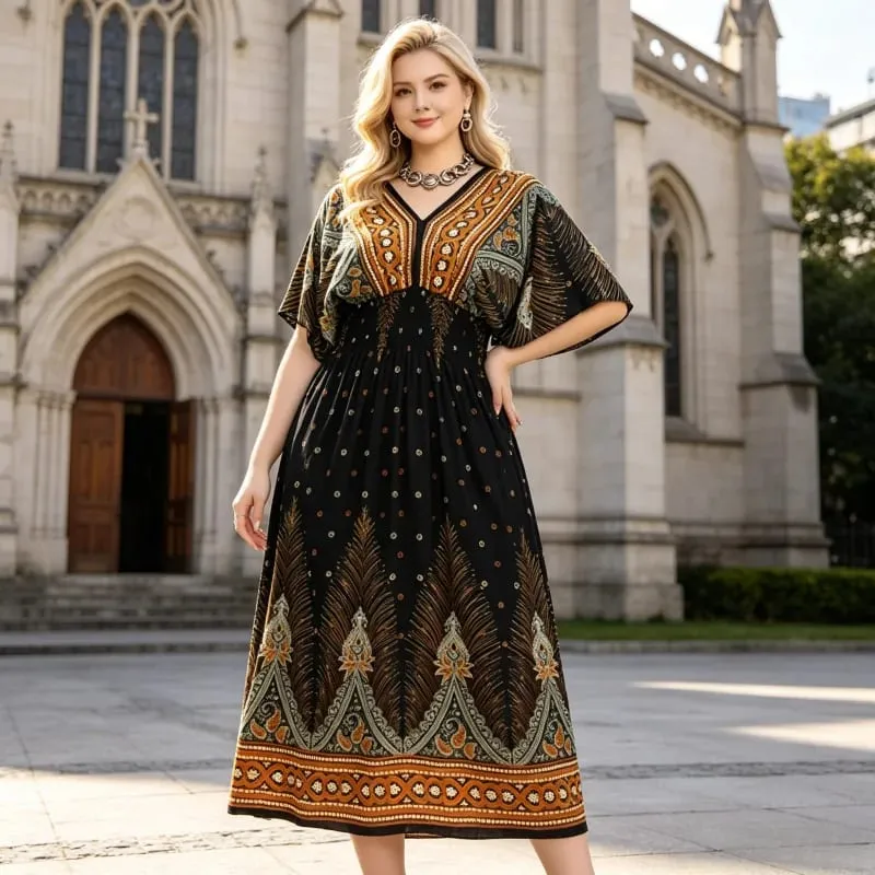 Boho Holiday Women V-Neck Batswing Short Sleeve A-Line Midi Dresses Slim Elastic Waist Casual Vintage Office Lady Elegance Dress — image 9