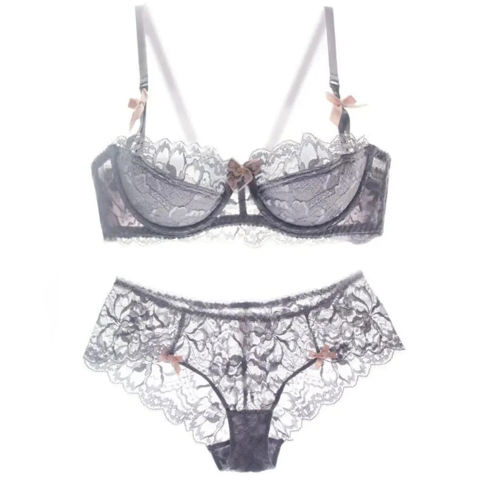 セクシー French Lace Half Cup Bra Set Bow Shoulder Strap Thin Large Bust Minimizer Pure Desire Lingerie For Teen Girls Daily Outfit — image 4