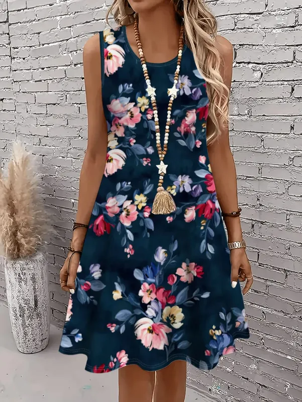 2026 New Elegant Black Floral Dress Women Sleeveless Slim Fit Sundress Stylish Flower Print Office Lady Casual daily Dresses — image 3