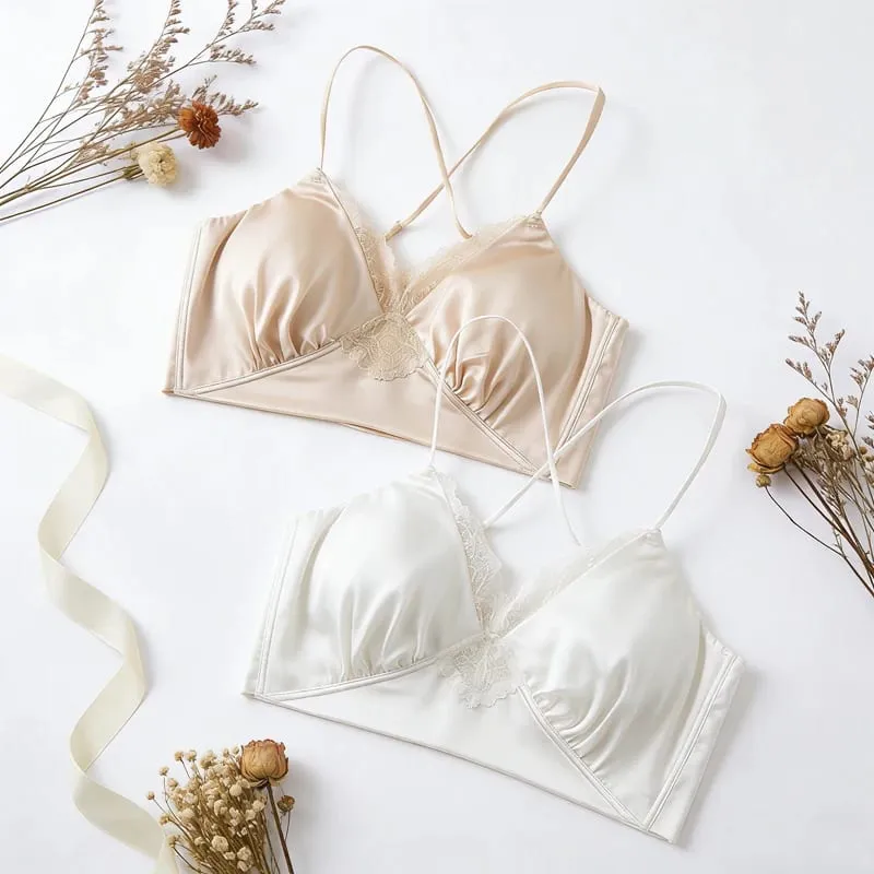 19MM Natural Mulberry Silk Satin Thin Bra Adjustable Cross Straps Beautiful Back Without Steel Ring Female Sexy Underwear Set — image 3
