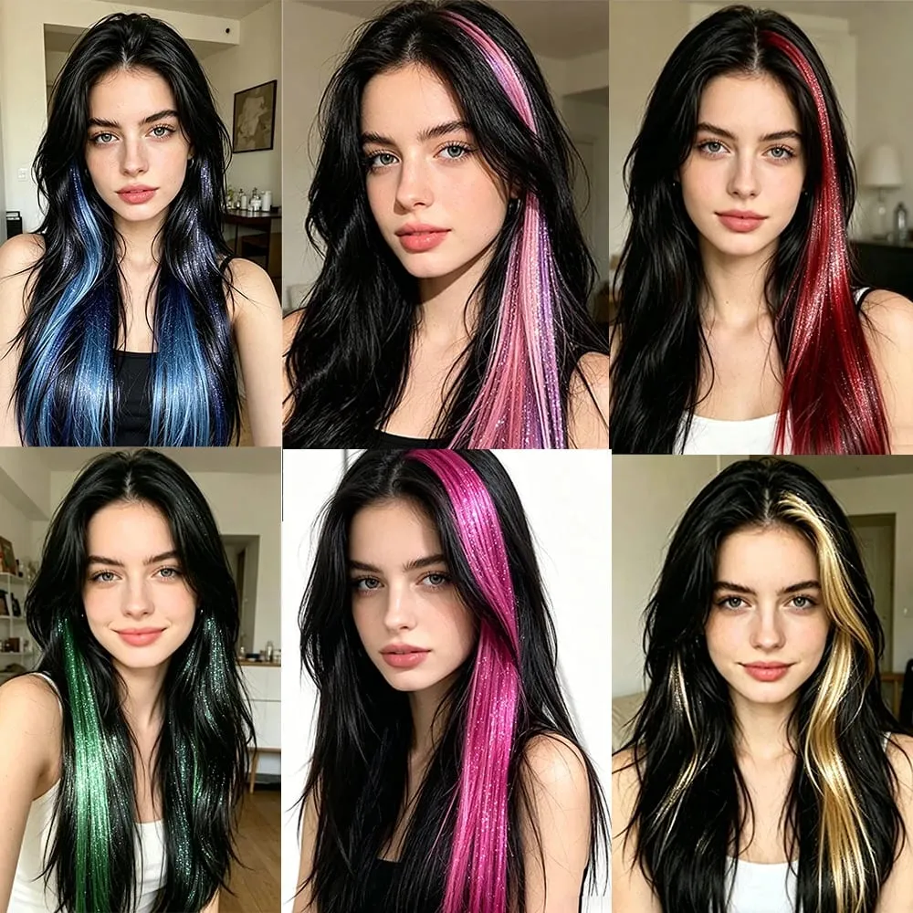 Multi-color Laser Wire Hair Extensions Shiny Tinsel Clip-in Hair Pieces Glitter Colored Hair Strands for Daily & Party Hairstyle — image 7