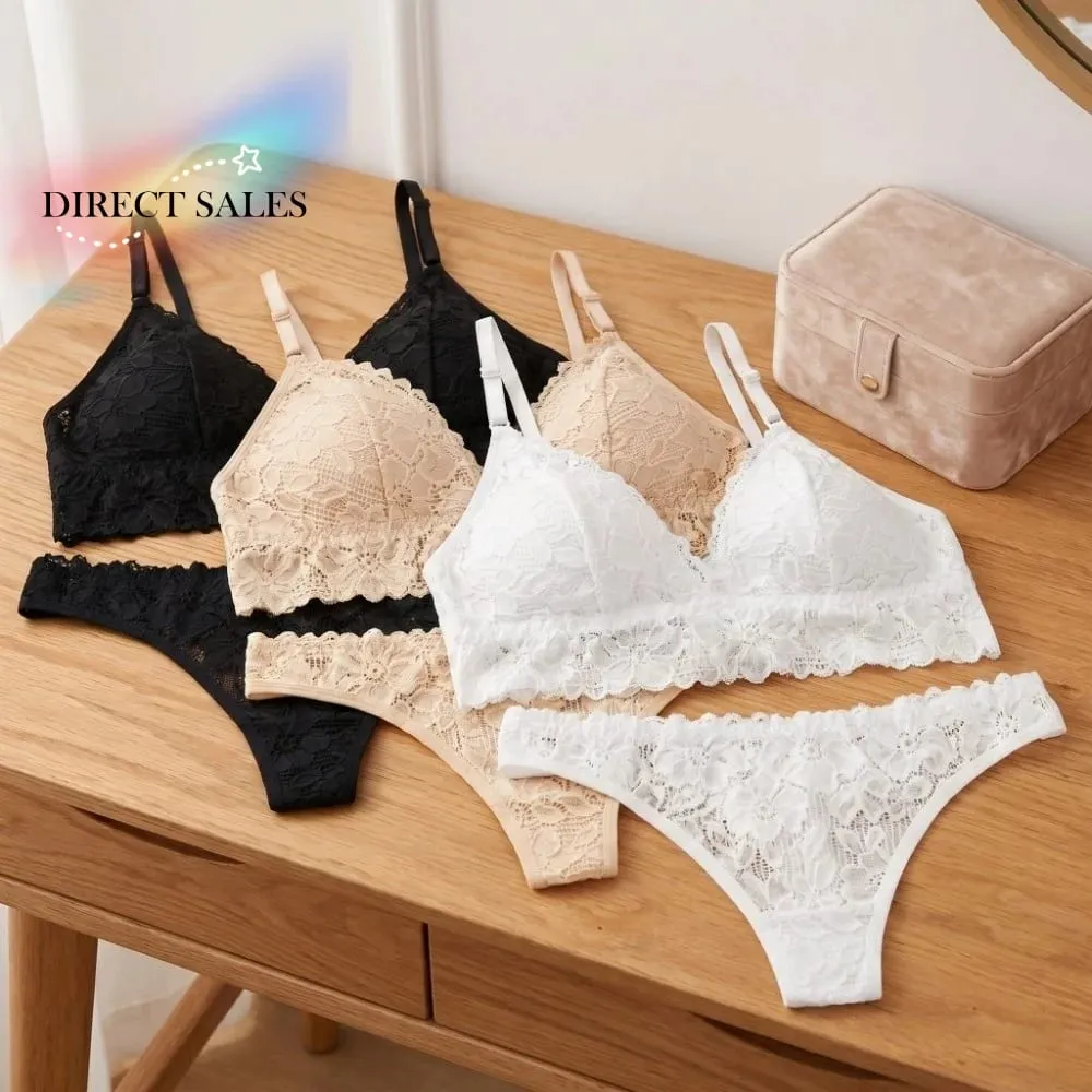 Fashion V Neck Lace Flower Bra Set Solid Color Low Waist Floral Panties Bra Kit T-Back Lingerie Lace Underwear Romantic Night — image 2
