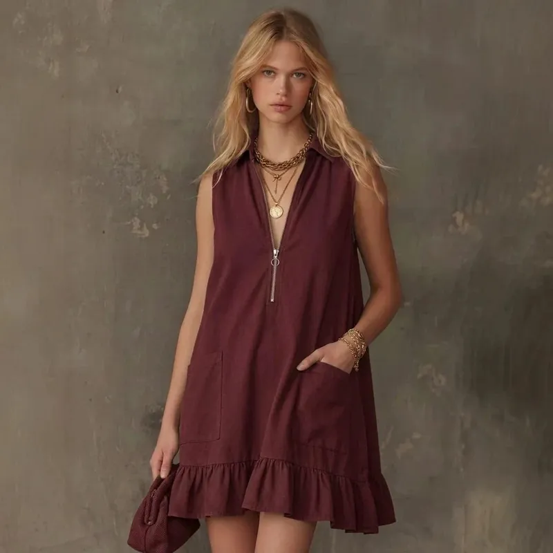 Women Sleeveless Zip V Neck Mini Dress Collared Ruffle Hem A Line Loose Dress with Pockets Summer Casual Dresses — image 1