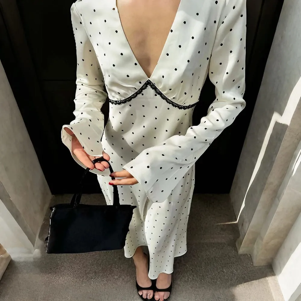 Talenza Women Polka Dot Dress Fashion Satin Print Contrast V-Neck High-Waisted New Dress Summer Elegant Female Party Dress 2026 — image 6