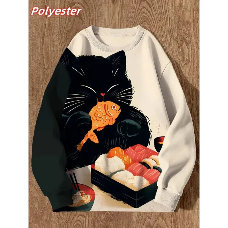 Cat Sushi Pattern Hoodie For Men Cute Animals 3D Printed Pullover Autumn Long Sleeve Loose Round Neck Hoodies Sweatshirt Tops — image 3