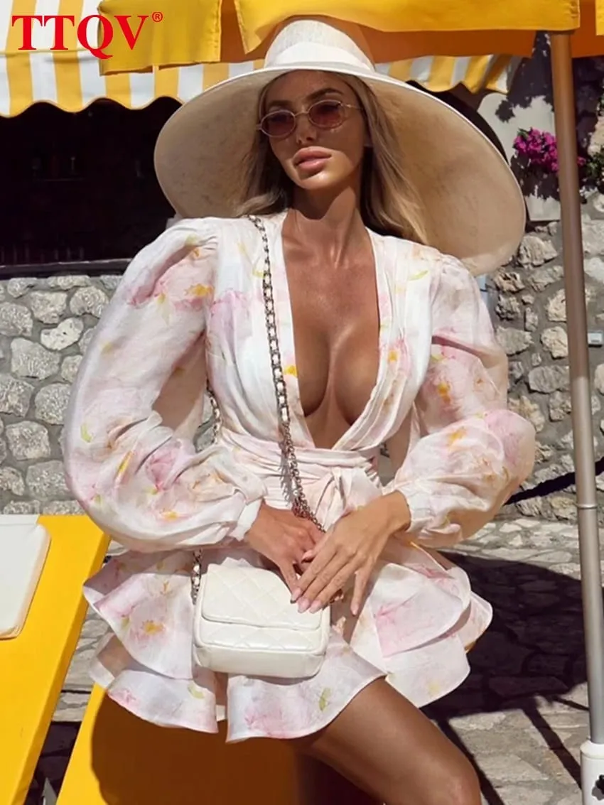 Sexy Slim Print Women Dress 2026 Fashion V-Neck Long Sleeve Mini Dresses Elegant Classic High Waist Female Dress Streetwear — image 3