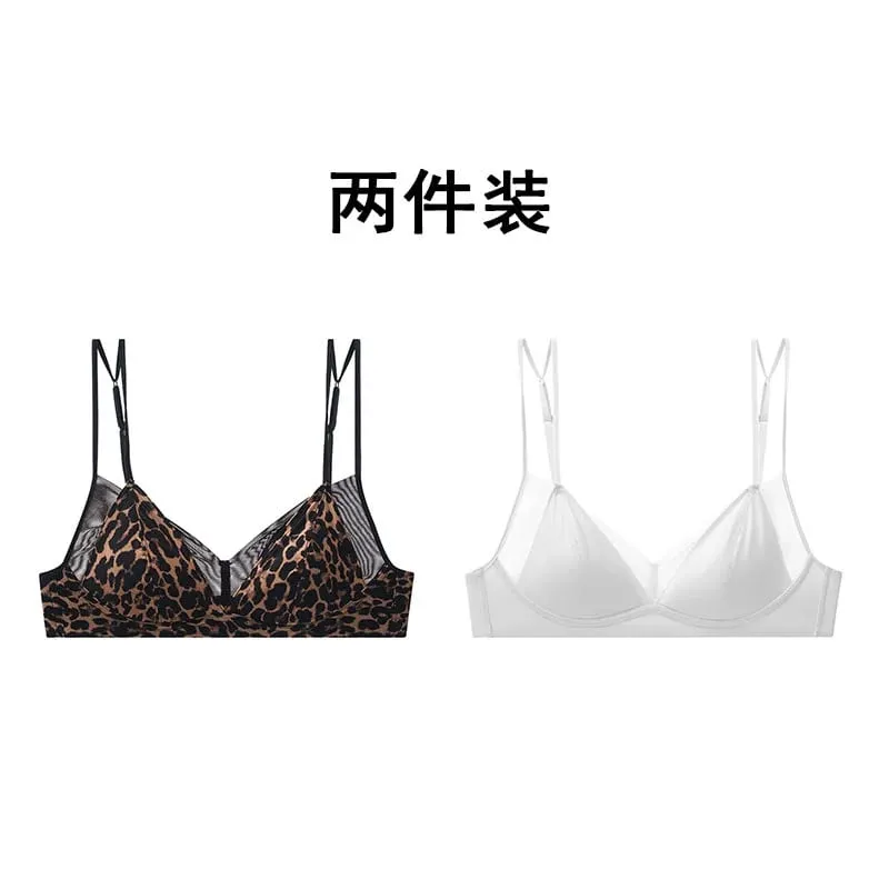 Modish Leopard Intimate Set Non-wire Thin Triangle Bra Breathable Summer Nude Fabric Small Chest Firm Gathering Womens Indoor — image 16