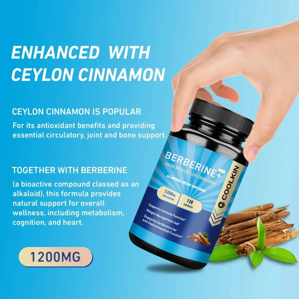 Premium Berberine HCl 1200 Mg Plus Organic Ceylon Cinnamon - Immune System Support Weight Management Supplement