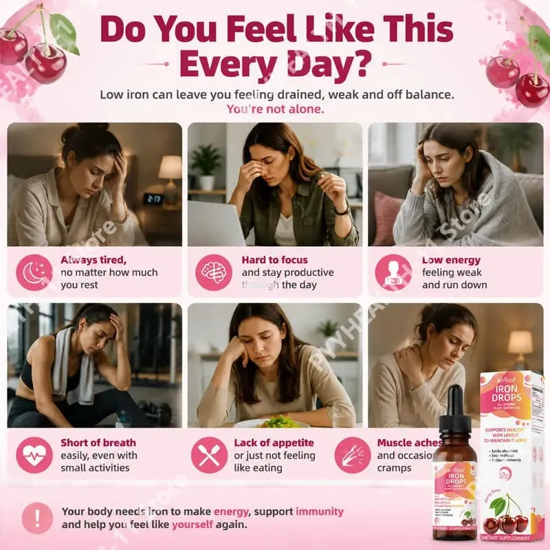 Iron Drops Liquid Supplement 18 Mg (100% DV) Ferrochel Ferrous Bisglycinate Chelate Easy Absorption Cherry Flavor 60ml