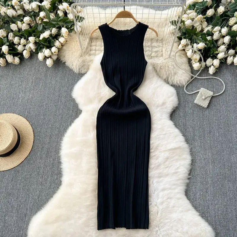 YuooMuoo Chic Fashion Sexy Wrap Hips Knitted Maxi Dress 2026 Spring Summer Ribbed Slim Elastic Sleeveless Tank Dress Lady Vestid