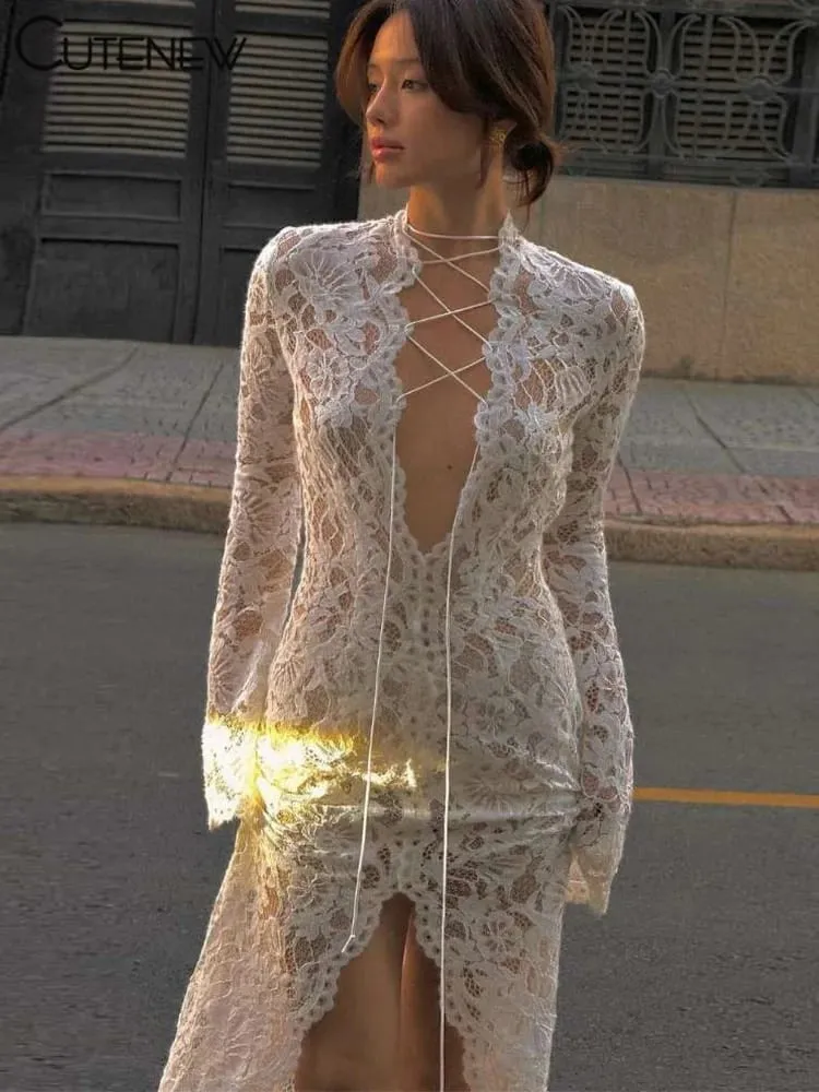 Cutenew-Vestido largo de encaje transparente para mujer, vestido Sexy liso de manga larga con cuello redondo, vestido ceñido, bata de noche impresionante para mujer