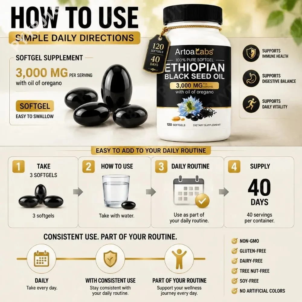 น้ำมันเมล็ดสีดำเอธิโอเปีย 3000mg Softgels พร้อมน้ำมันออริกาโน รองรับสุขภาพภูมิคุ้มกัน ทางเดินอาหาร BALANCE & Daily Vitality 120 นับ — image 5