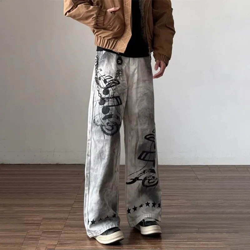 2026 New Retro Graffiti Printed White Baggy Jeans For Men High Street Straight Wide Leg Denim Pants Hip Hop Graphic Y2K Jean — image 5