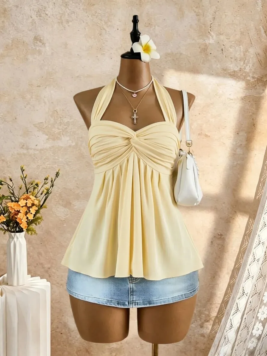 Women Halter Twist Front Sweetheart Neck Flared Peplum Camisole 2026 Summer Y2K Solid White Sleeveless Flowy Beach Vacation Tank — image 14