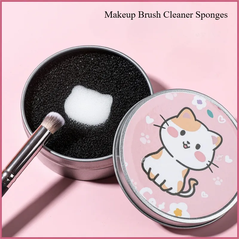 1 Set Cartoon Cat Make Up Brushes Cleaner Sponges Cosmetic Brushes Drying Wash Eyeshadow Colors Removal Portable Cleaning Cases — image 6