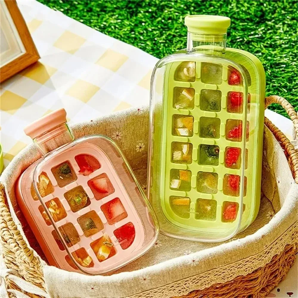 Ice Cube Bottle with Straw 2 In 1 Touch-Free Push-Type Ice Cube Making Bottle Easy Release Water Bottle Ice Mold