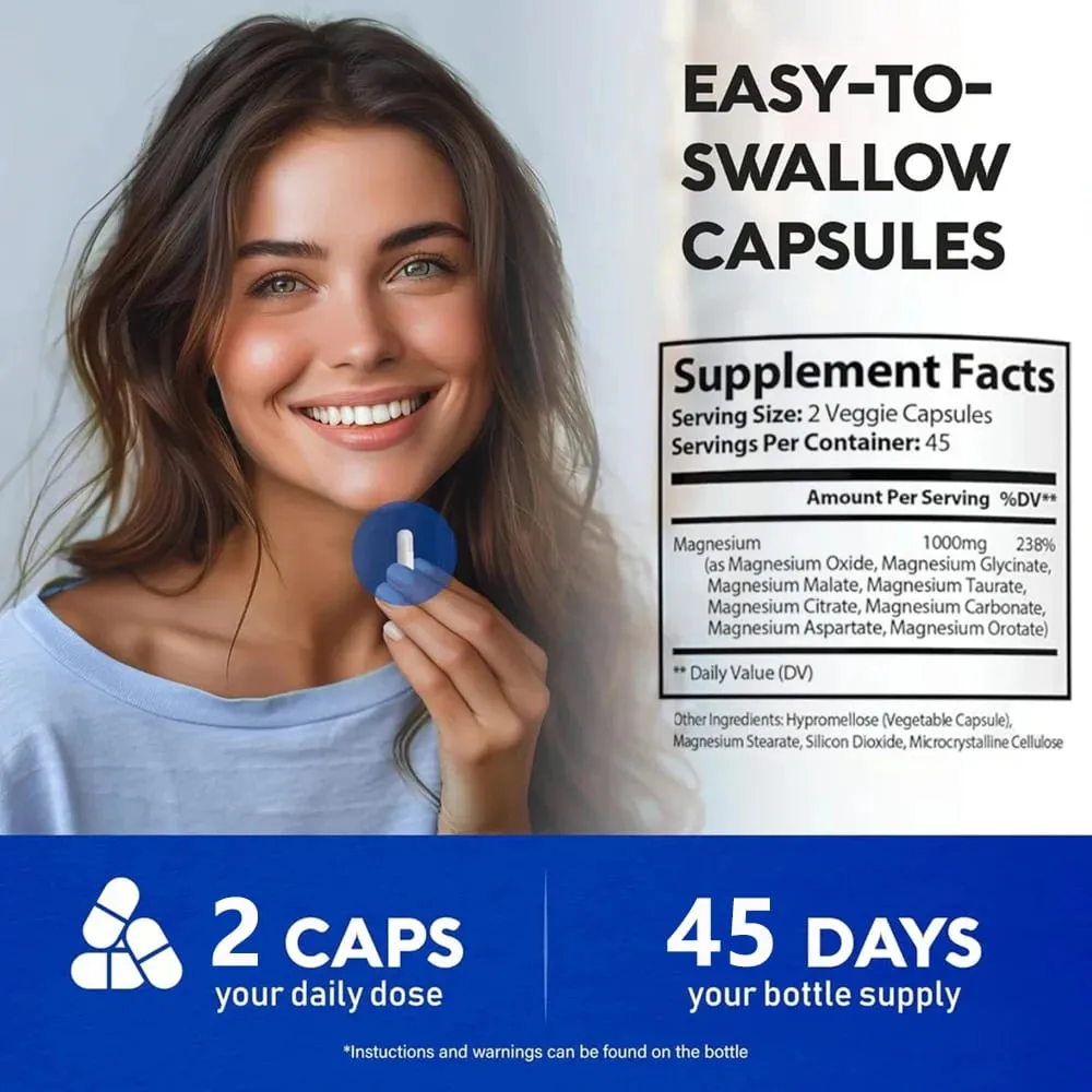 Magnezyum Kompleksi 1000mg Glisinat Sitrat Oksit Aspartat Orotat Malat Taurat Yüksek Abs ile 8 Elemental Magnezyum Takviyesi — image 5