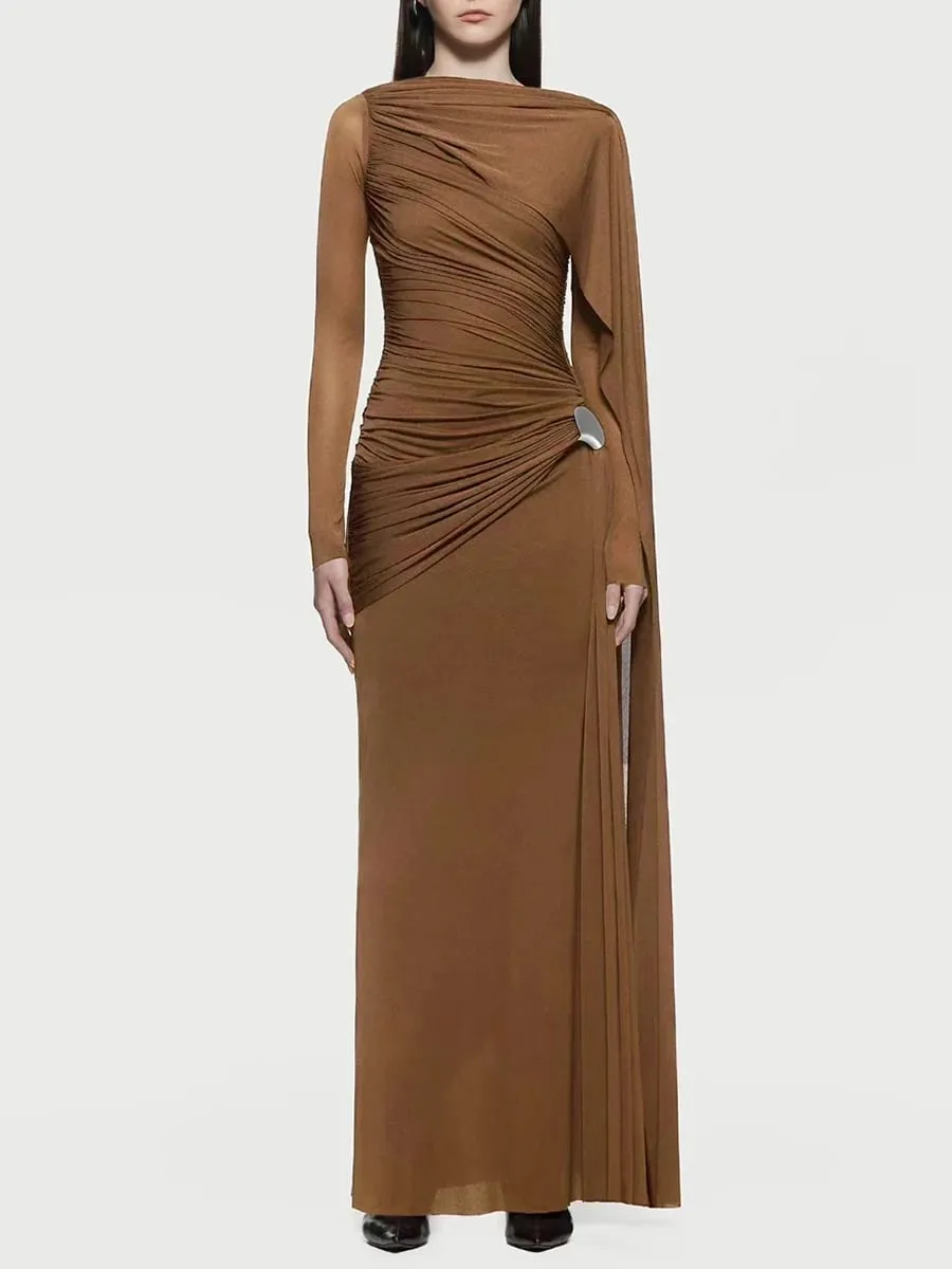 Slimming Spliced Folds Temperament Dresses for Women Round Neck Long Sleeves Patchwork Ribbon Dress Female Clothing — image 6