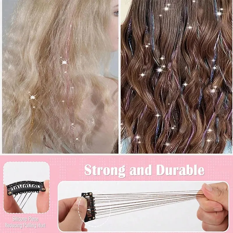 12Pcs Clip Hair Tinsel Clip in Glitter Tinsel Hair Extensions Synthetic Heat Resistant Shiny Sparkle Hair Tinsel for Women Girls — image 4