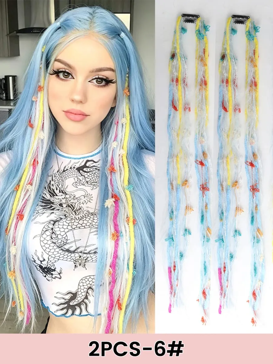 2PCS Colorful Rope Braided Hair Clip In Extensions Black Hair Dreadlock Hair Pieces Bohemian Hair Accessories For Women Daily