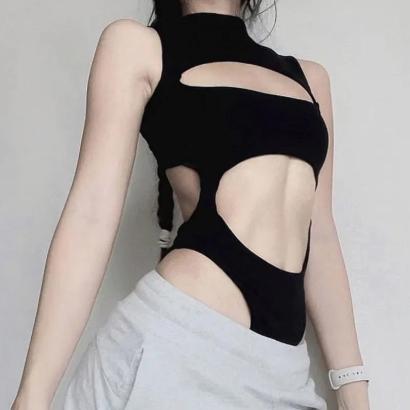 Gothic Techwear Sexy Hollow Out Sleeveless Tank Tops Bodysuit for Women Streetwear Style Backless Playsuit Vest for Women