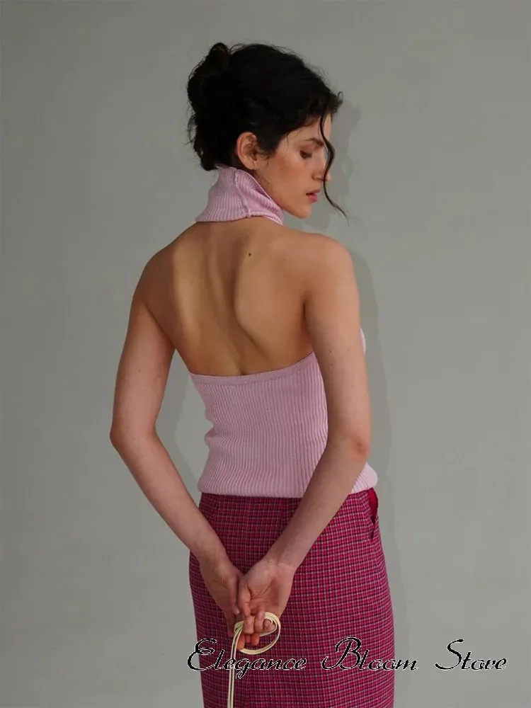 Solid Color Knit Sleeveless Tank Top Women High Neck Backless Slightly Fitted Cropped Vest Minimal Daily Fashion Casual Outfit — image 6