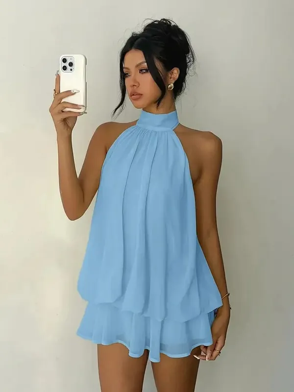 Women's Halter Neck Dress Backless Tie-Front Chiffon Sheer Mini Skirt Fashionable Sexy Y2K Vintage Cute Party Birthday Dress — image 10