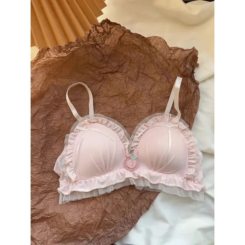 Japanese Kawaii Sweet Lingerie Set French Sheer Mesh Thin Wireless Triangle Cup Bra Panties Set Soft No Underwire 32‑38 Bra Set — image 5