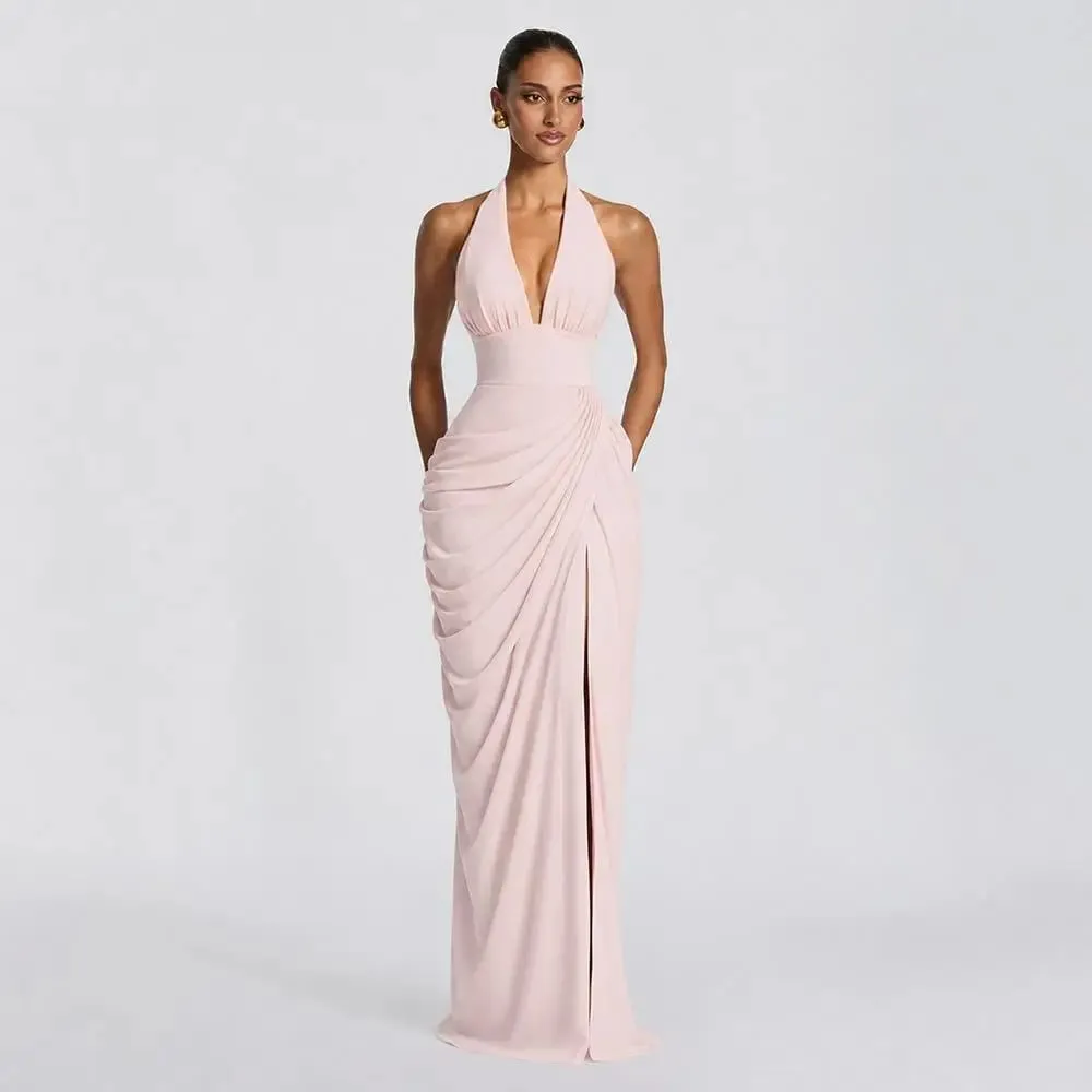 Sexy Women Solid Halter Maxi Dress Elegant Deep V Neck Sleeveless Ruched High Slit Dresses Evening Party Fashion Female Clothing — image 3