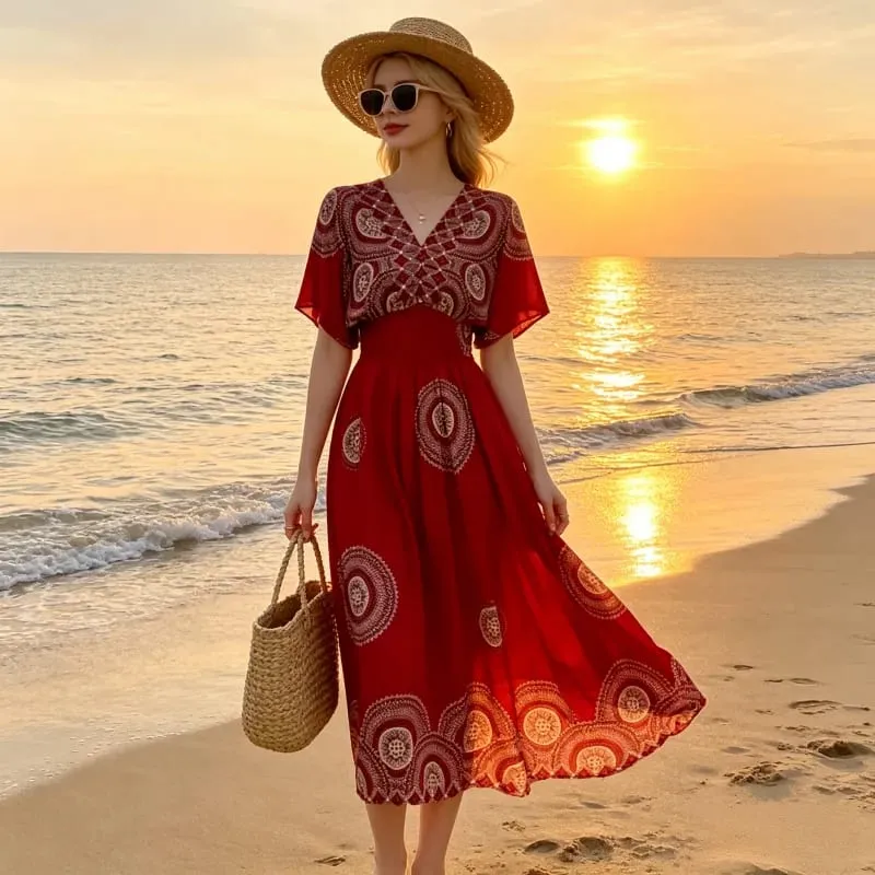 Boho Holiday Women V-Neck Batswing Short Sleeve A-Line Midi Dresses Slim Elastic Waist Casual Vintage Office Lady Elegance Dress — image 26