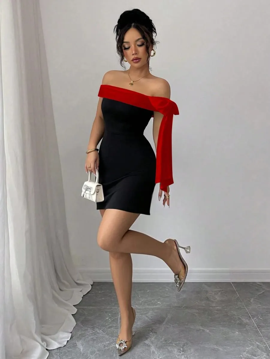 Women Off Shoulder Mini Dress Red Big Bow Spliced Bodycon Short Dresses Elegant Slim Fit Black Little Dress Night Club Party Birthday Outfits Evening Gown — image 3