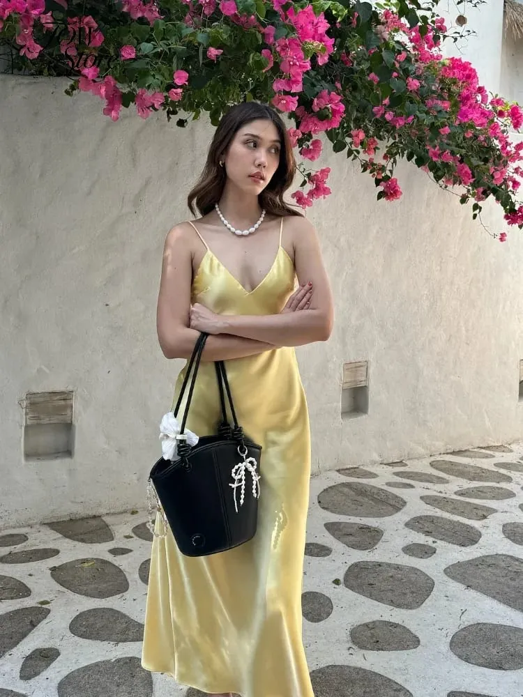 Women Solid Satin Sling Long Dress Casual Backless Sleeveless V-neck Pleated Gowns 2026 Summer Vacation Evening Party Robes — image 3