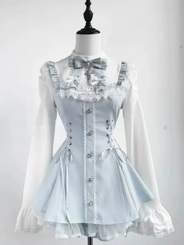 Sweet Lolita Style Lace Pearl Cute Print Shirt Dresses Japanese Kawaii Bow Dress Set Gothic Y2k Tea Party Women Dress 2025 New — image 6