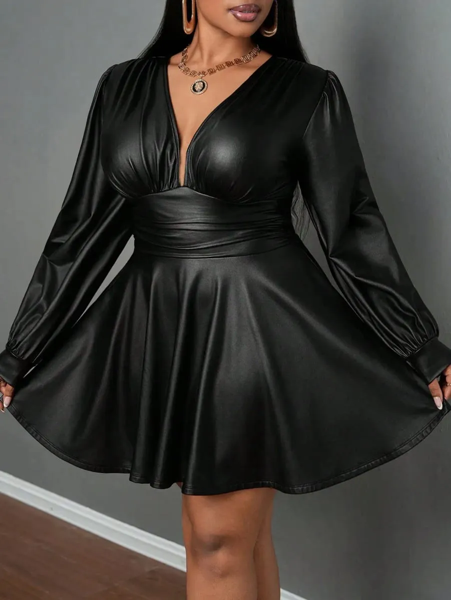 plus Size Leather Skirt for Women Deep V Neck Lantern Sleeve Waist Cinched A-Line Party Outfit Sexy Girl's Ensemble — image 5
